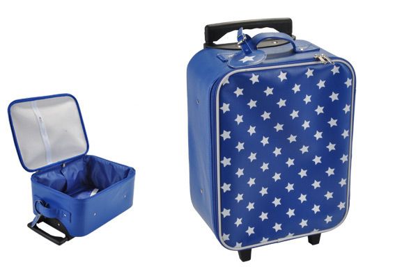 Kinderkoffer blauw met witte sterretjes.